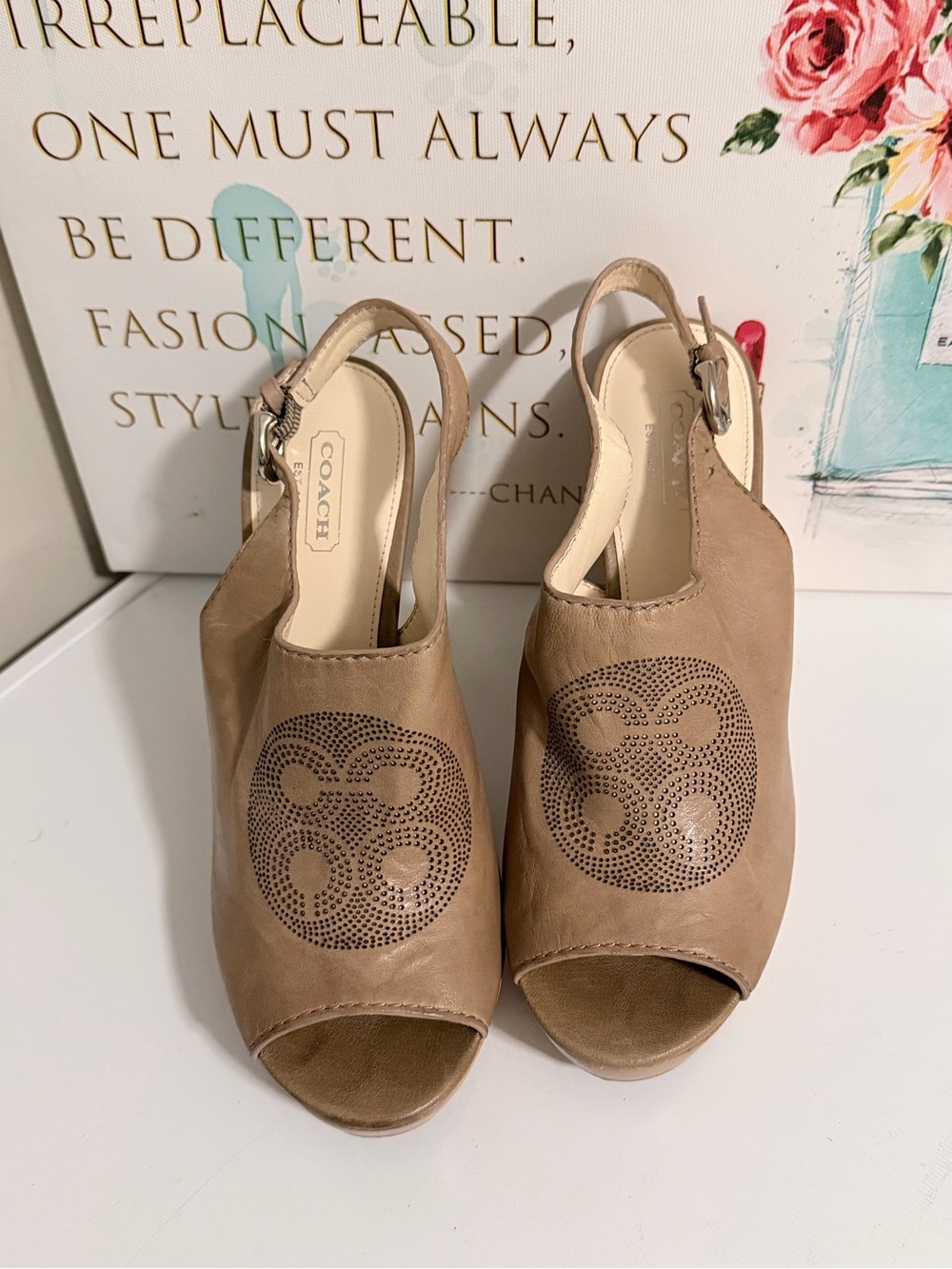 Coach Taupe Leather Perforated Peep-Toe Slingback Mules